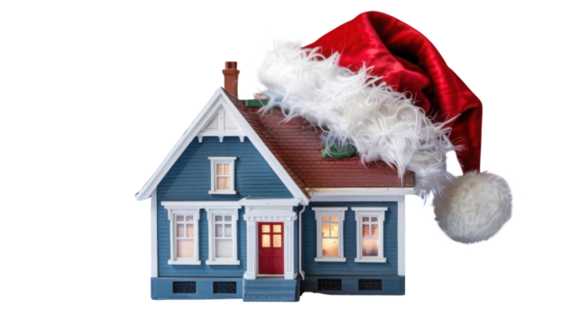 Festive blue victorian style miniature house with illuminated windows wearing a large red santa hat isolated on transparent background