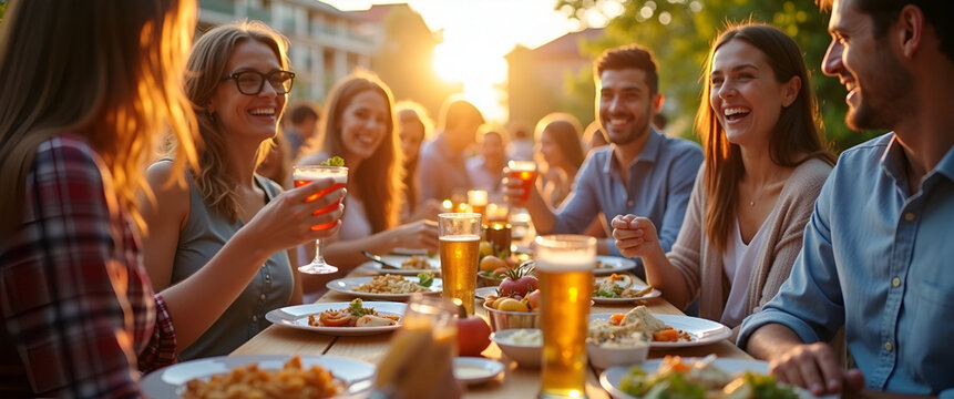 A cheerful outdoor party with people enjoying food and drinks in a friendly atmosphere, designed with plenty of copy space for festive themes and promotions.