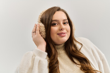 Cozy moments with a young plus size woman in a bright studio setting