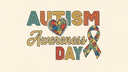 Autism Awareness Day Design with Heart and Ribbon Puzzle.