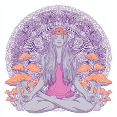 Meditating woman in lotus pose surrounded by psychedelic mushrooms and mandala