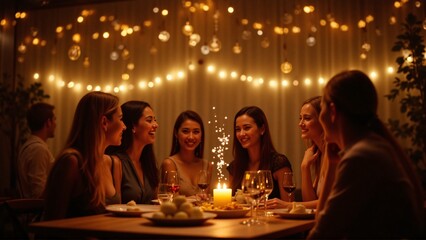 Women enjoying festive candlelit dinner with sparkling lights and warm evening atmosphere
