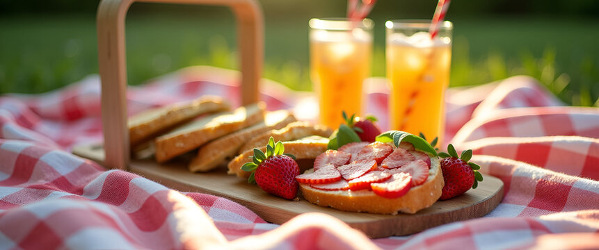 An inviting picnic creative concept featuring gourmet treats and refreshing drinks laid across a plush blanket, emphasizing vibrant colors and space for marketing content.