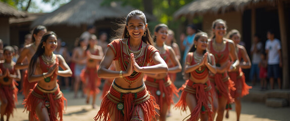 Illustrate authentic traditions through a candid photograph of individuals participating in a local dance, skillfully preventing distractions and allowing for ample copy space.