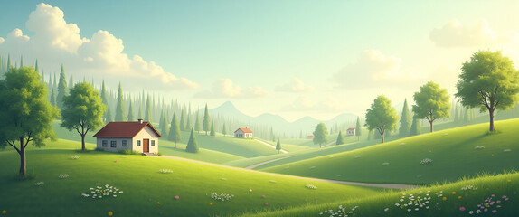 A serene landscape depicting customer trust building in a community setting. The composition allows for negative space to enhance messaging.