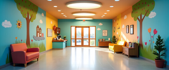 An inviting childrens hospital entrance with playful murals and bright colors, emphasizing safe spaces and comfort for young patients, with ample copy space.