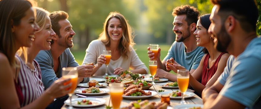 A vibrant barbecue gathering showcasing a diverse group of smiling friends enjoying a festive outdoor meal, ideal for showcasing joy and community. - Powered by Adobe