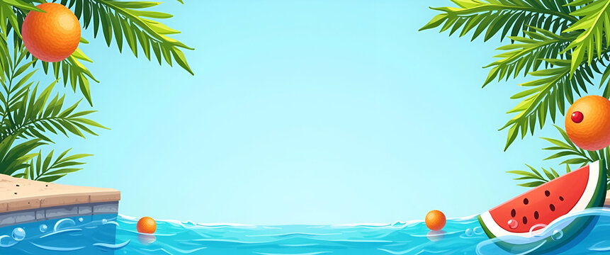 A stylish pool party invitation featuring tropical themes and bright colors, designed with open copy space for personalized text and decorative elements.