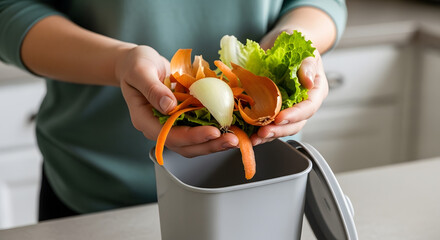 Composting Kitchen: A close-up view of hands carefully discarding vegetable scraps into a grey compost bin. The scene is a simple act of eco-conscious kitchen practices.