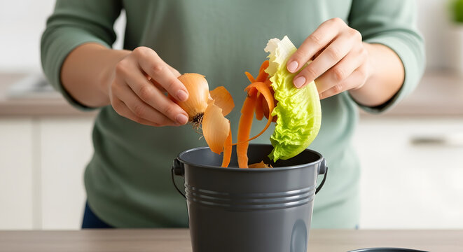Composting at Home: A person skillfully deposits vegetable scraps and eggshells into a compost bin, promoting a sustainable lifestyle and nurturing the earth