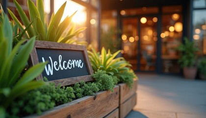 Welcome sign stands in wooden planter box with various green plants. Warm sunset light illuminates blackboard, facade. Inviting storefront of cafe boutique blurred. Promotes open, friendly business