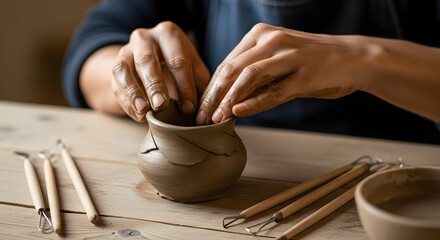 Sculpting Craft: A craftsman's hands carefully shape clay, demonstrating the beauty of pottery and the dedication to craftsmanship, creating a piece of art with precision and skill.