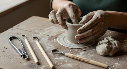 Crafting Ceramic Art: A pair of skilled hands molds a piece of wet clay, surrounded by a collection of essential pottery tools on a rustic wooden table, creating a unique ceramic art piece.