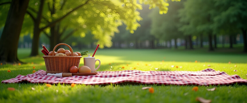 A minimalistic composition showcasing an inviting picnic setup in a lush green park, ensuring ample copy space for promotional text alongside the blanket.