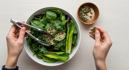Salad Preparation: A close-up view capturing the art of crafting a vibrant salad, complete with fresh greens, tasty toppings, and stainless steel tongs.