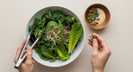 Salad Preparation: A close-up shot of hands meticulously preparing a fresh and vibrant salad. The focus is on the careful arrangement and garnishing of ingredients.