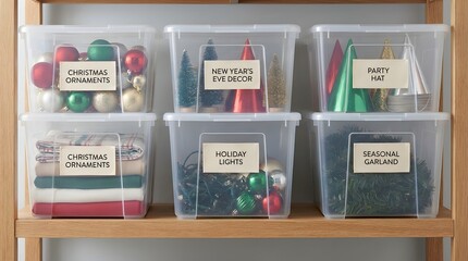 Streamlined holiday cleanup and preparation with neatly labeled storage containers for Christmas and New Year decorations