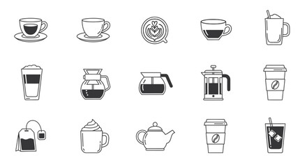 Assortment of Hand-Drawn Coffee and Tea Cups and Brewing Equipment Icons.