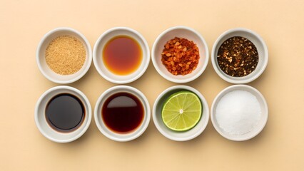 Eight Small White Bowls Filled With Various Seasonings Including Spices Soy Sauce Lime And Salt