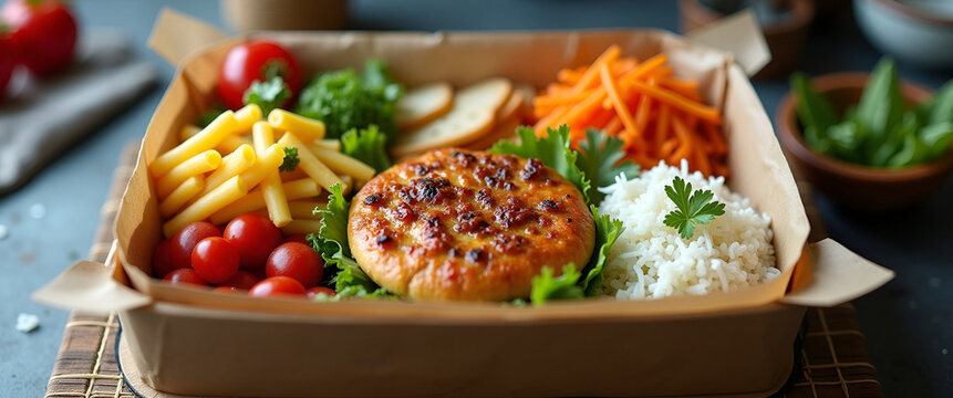 An organized lunch box featuring a variety of dishes, providing a visually appealing presentation that allows for sufficient copy space to highlight meal concepts or products.