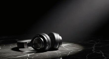 Sleek black headphones resting on a marble surface under dramatic lighting against a dark background.