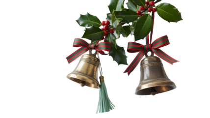 Two antique brass bells adorned with festive red ribbons and green holly leaves hanging isolated on transparent background