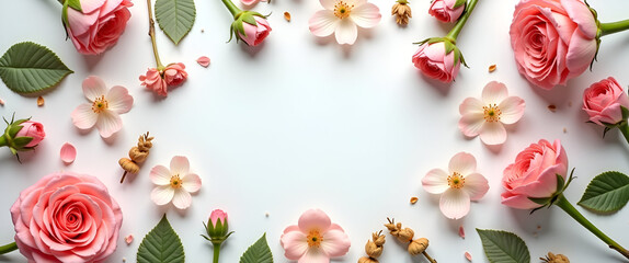 An artistically arranged flat lay of seasonal spring items and blooming flowers with a delicate balance, facilitating an effective template with generous space for copy.