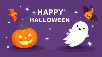 Happy Halloween Ghost Pumpkin Bats Stars Illustration