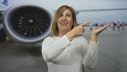 Middle aged woman in white long sleeve shirt points finger to open palm near airplane engine at airport tarmac; anticipation.