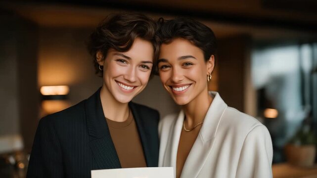 female couple posing happily with their marriage certificate and registrar, emotion of accomplishment and love visible, symbolizing legal marriage recognition, LGBTQ+ community milestones, and