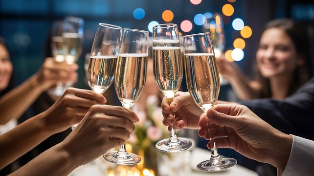 Closeup of people toasting with champagne glasses at a festive celebration party