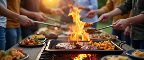 A dynamic barbecue social event snapshot, showcasing a group of friends enjoying cooked meals, with an emphasis on togetherness, offering spacious areas for text use.