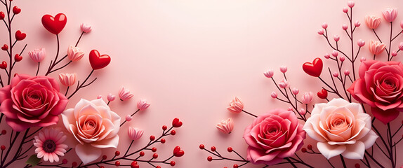 A heartfelt floral bouquet for Valentines Day, artistically arranged with red and pink hues, designed with a focus on negative space, creating a perfect romantic backdrop.
