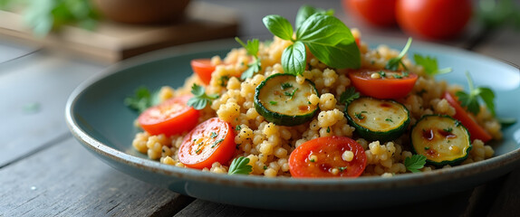 A visually appealing quinoa dinner idea with grilled vegetables elegantly plated, incorporating leading lines that guide the viewers eye and allow for copy space.