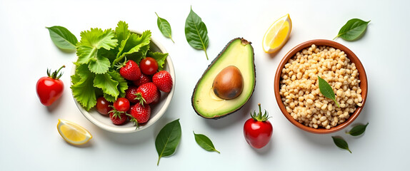 A clean and artistic representation of nutritious meals prepared with fresh ingredients, utilizing negative space effectively to enhance the focus on healthy choices and lifestyle.