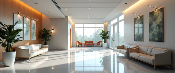 A sophisticated neurology hospital, featuring tranquil waiting areas and thoughtful design elements, providing ample negative space to evoke calmness and focus.