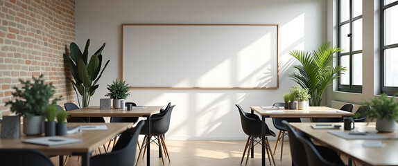 A tranquil workspace environment highlighting hybrid brainstorming with minimalistic tools and layout, allowing negative space to foster creativity and collaboration effectively.