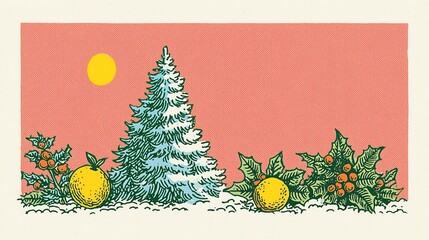 Christmas illustration with snow-dusted evergreen tree, yellow ornaments, holly with berries, and yellow sun on pink textured background. Festive winter design for wallpaper, poster or card
