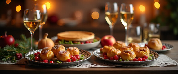 An elegant luxury New Year celebration scene highlighted with upscale decorations, gourmet delicacies, and a sophisticated ambiance, perfect for showcasing copy space.