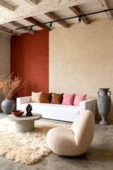 Stylish living room design featuring modern white sofa, shag rug, and trendy textures for a cozy and inviting interior space