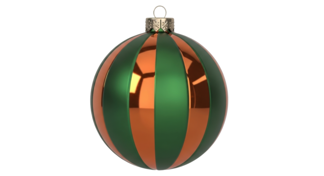 Isolated Christmas ornament with striped green and copper pattern on a transparent background