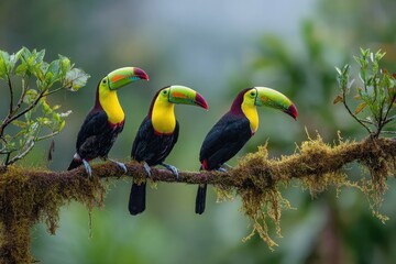Obraz premium Three toucans perched on a branch in a lush forest