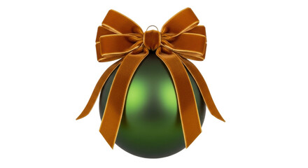 Isolated elegant holiday decoration with green sphere and amber colored velvet ribbon