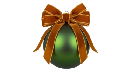 Isolated elegant holiday decoration with green sphere and amber colored velvet ribbon