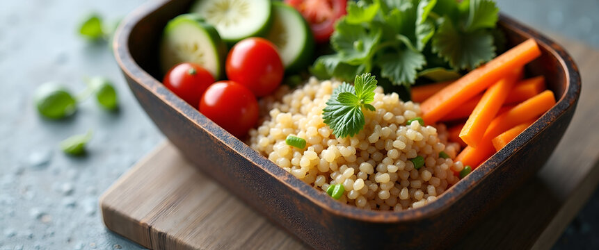 An enticing quinoa healthy lunch displayed in an elegant bento box, featuring various ingredients, with negative space to highlight the meal and emphasize freshness.