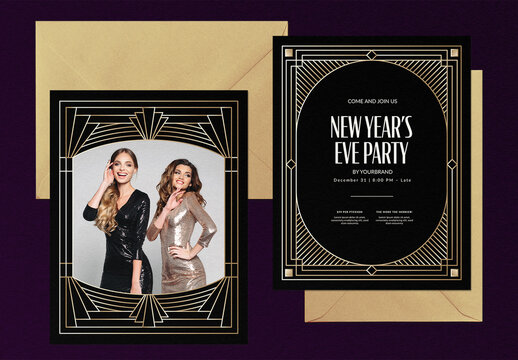NYE New Years Eve Invitation Invite Flyer Poster Template with Retro Vintage Art Deco Frame in Luxury Black & Gold