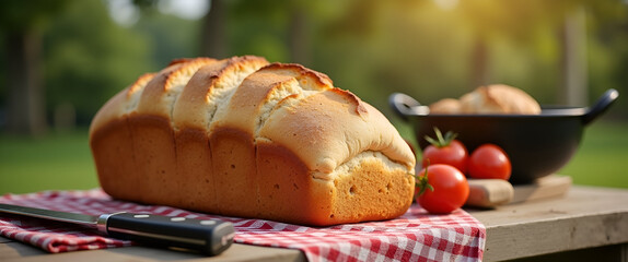 A freshly baked loaf of bread featured prominently on a picnic table, surrounded by barbecue items, with a significantly spacious background perfect for advertising purposes.