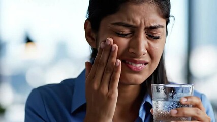 Woman grimaces holding glass of water experiencing tooth pain or bad taste sensation