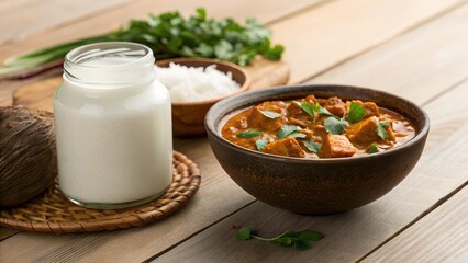 Rich Creamy Chicken Curry With Steamed White Rice And Fresh Cilantro Garnish