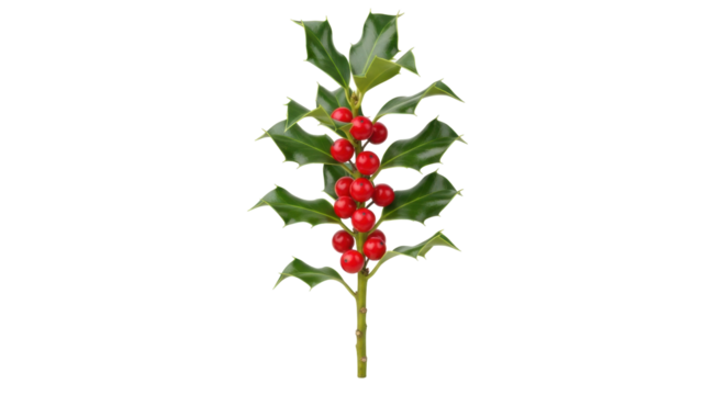 Isolated holly sprig with green leaves and red berries, festive holiday plant for decoration